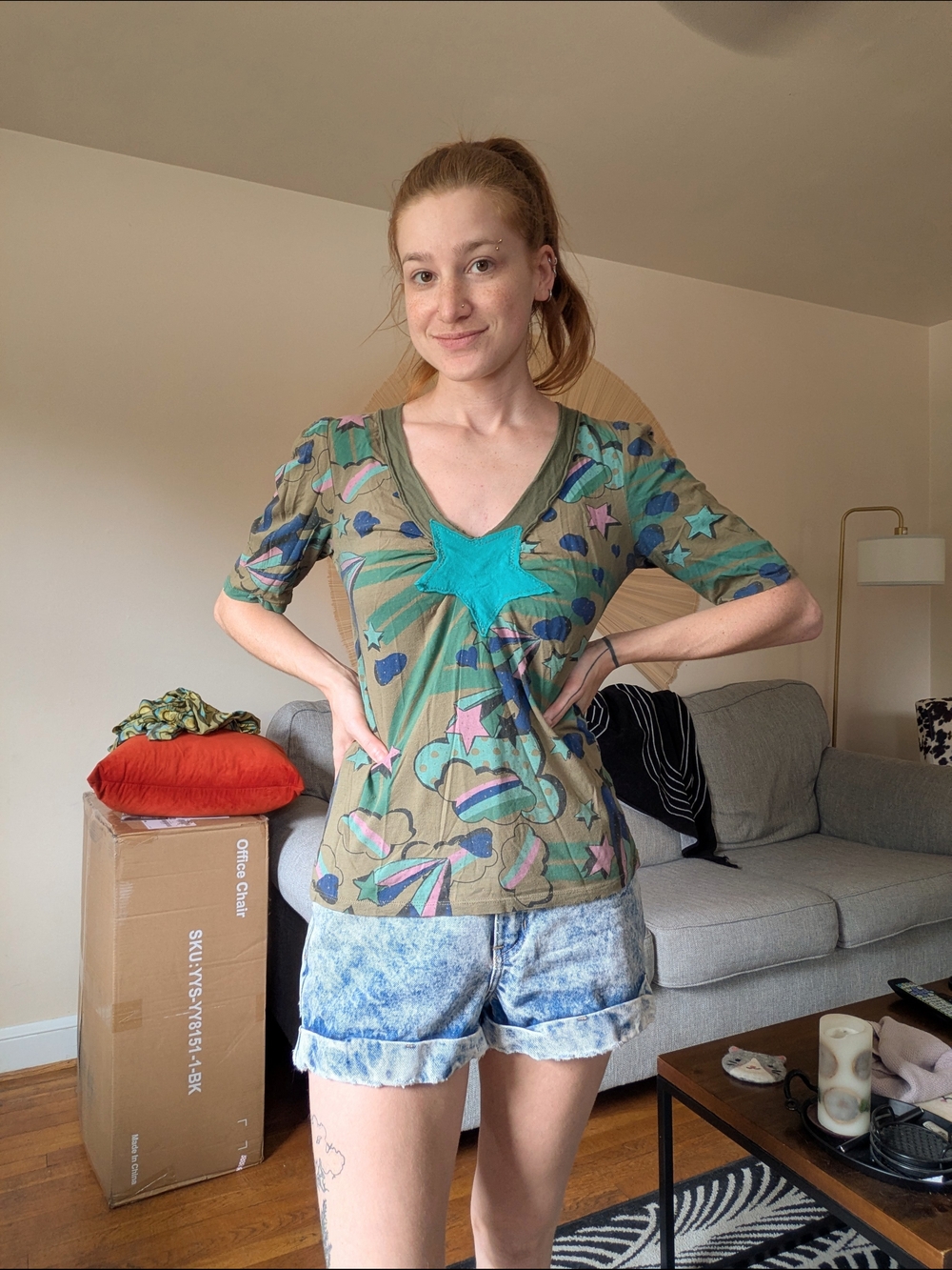 Y2K Doodle Patterned Knit Short Sleeve Shirt With Appliqued Star
